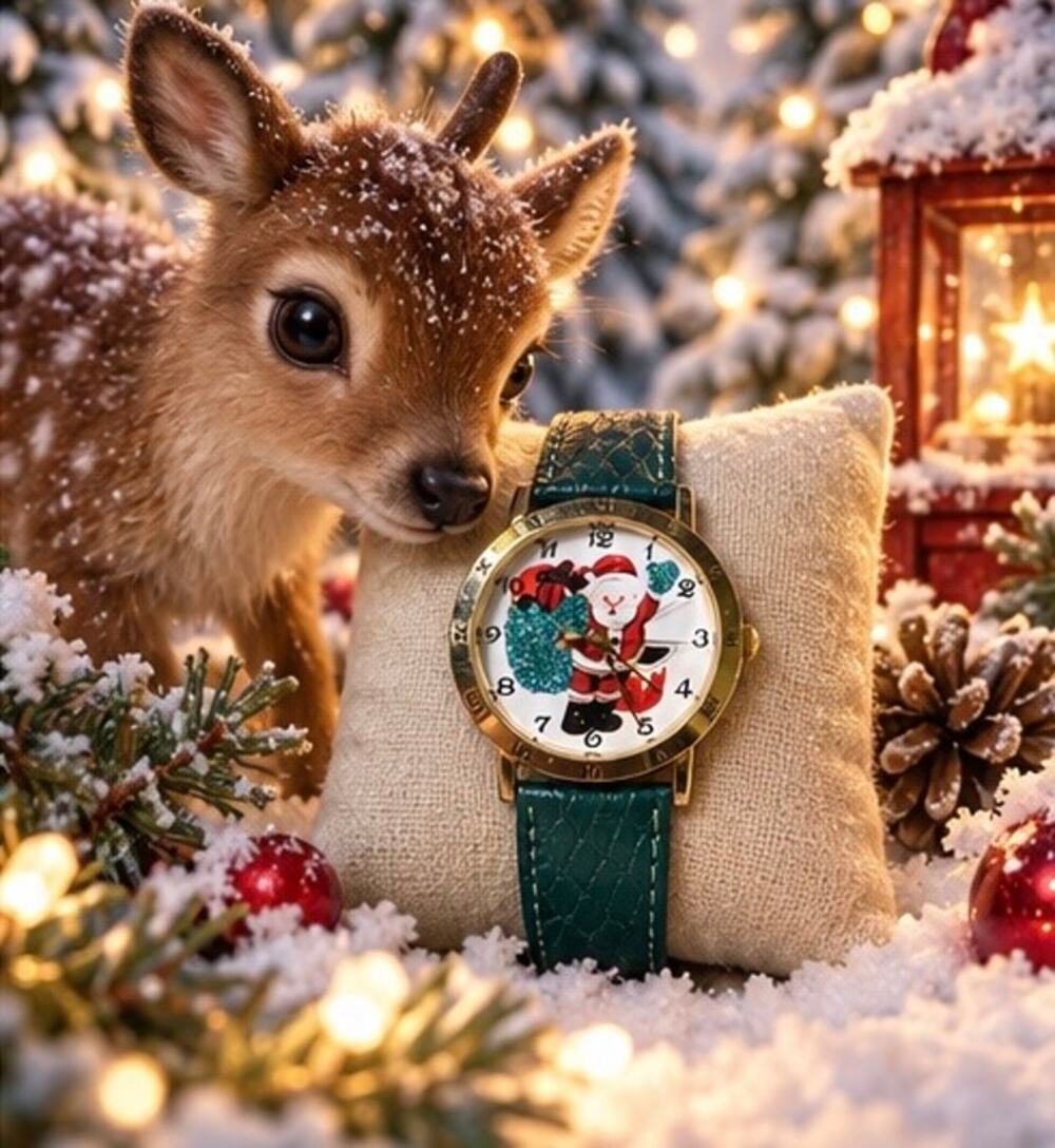 Santa Christmas Watch Gold Tone Green Strap New Battery